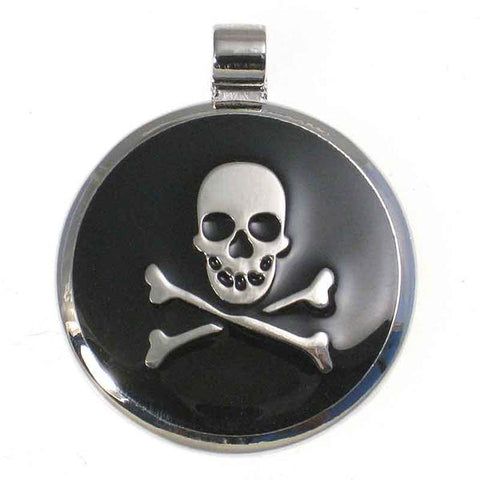 Round metal tag with black enamel on the front surrounding a metal skull & crossbones design