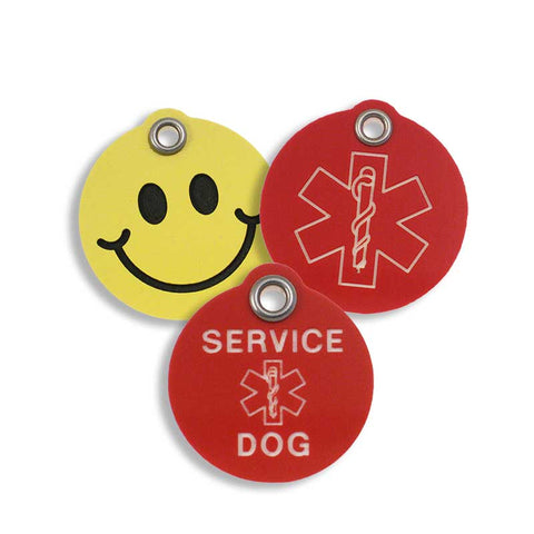 Yellow smiley face plastic tag, red medical alert tag, and red service dog tag