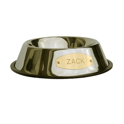 Stainless pet bowl with pet name engraved on a brass plaque