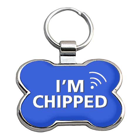 Bone shaped pet tag with "I'm Chipped" on the front