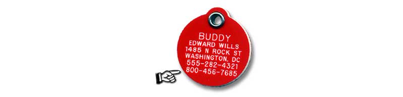 Engraved pet tag showing our toll free 800 engraved below the pet's info.