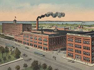 Drawing of factory in town.