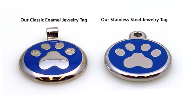 Two metal round tags side by side showing difference of overall shape.