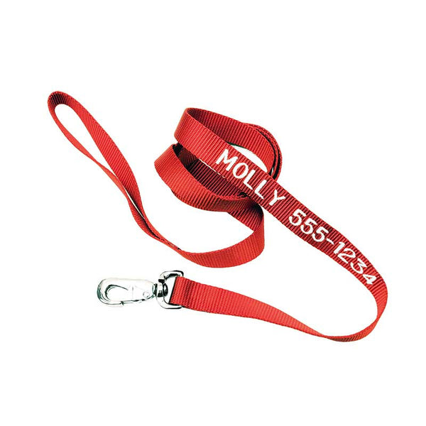 Red nylon leash with pet name and phone number embroidered