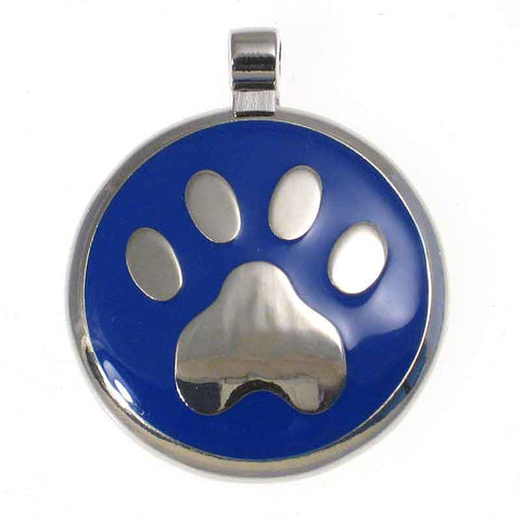 Round metal tag with blue enamel on front surrounding a paw design
