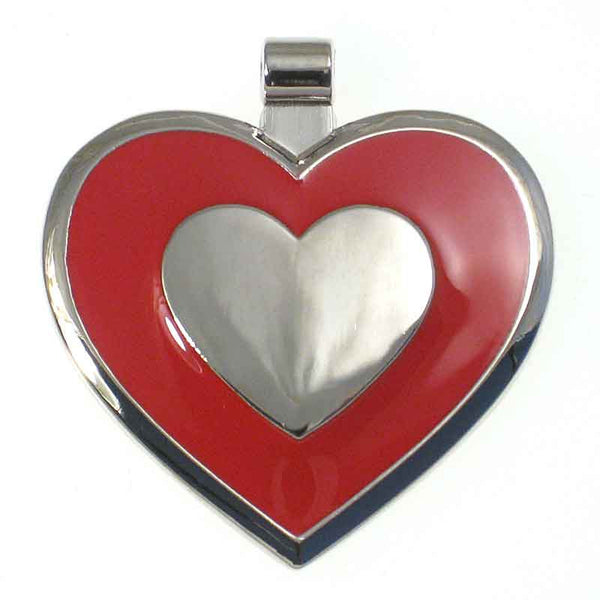 Heart shaped metal tag with red enamel on the front surrounding a metal heart