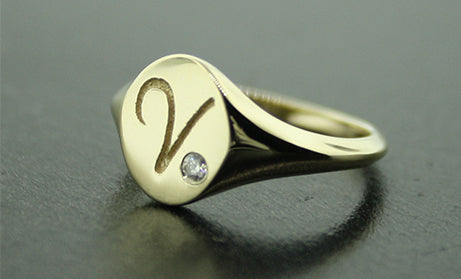 Custom 14k Yellow Gold and Diamond Signet Ring by Mander Jewelry