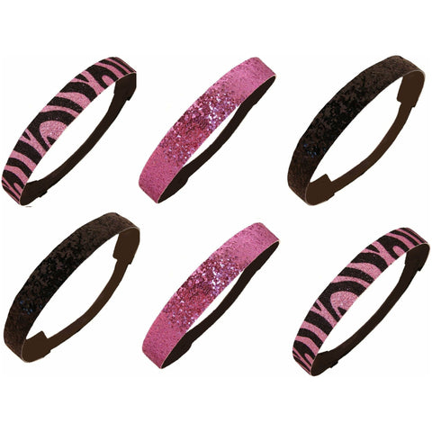 Glitter Headbands 6 Girls Headband Sparkly Hair Head Bands 6 Pack Zebra Light Pink Black