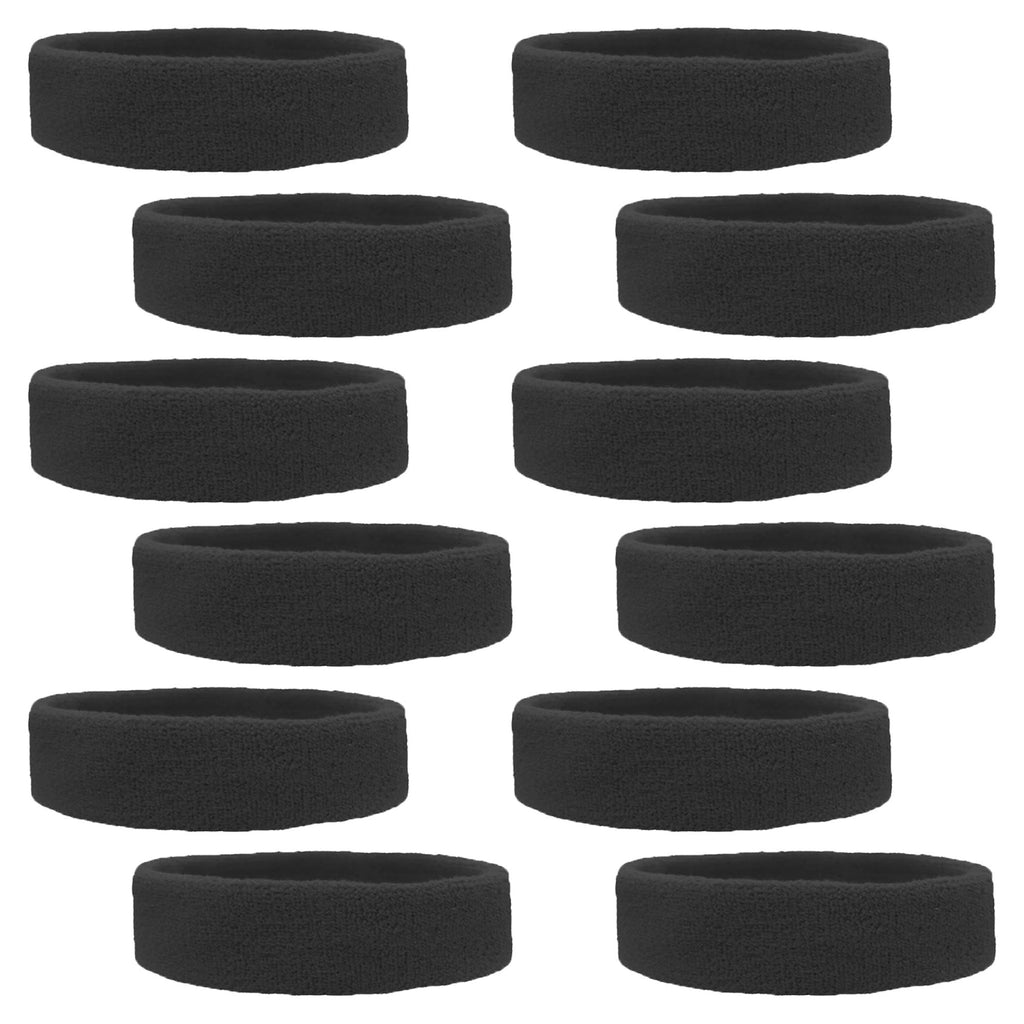 Sweatbands 12 Terry Cotton Sports Headbands Sweat Absorbing Head Bands Black