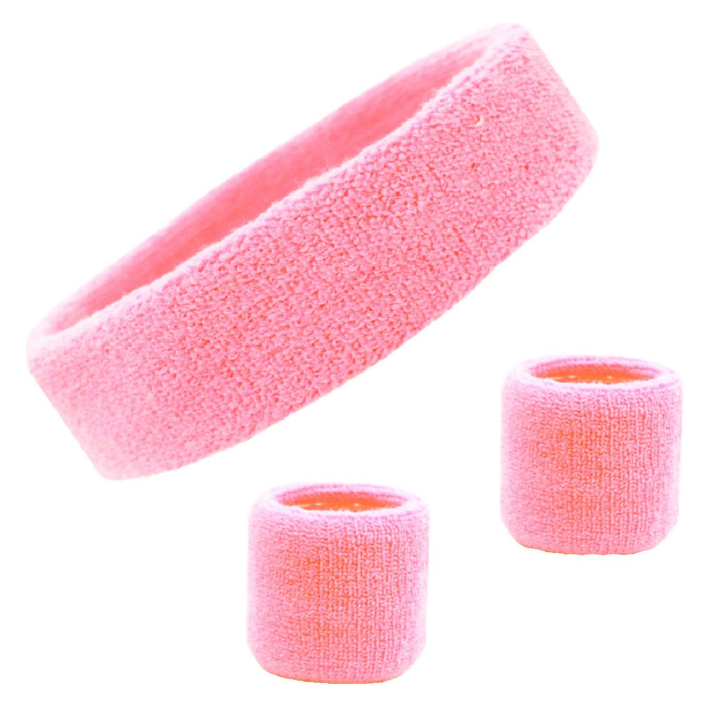 Sweatband Set 1 Terry Cotton Headband and 2 Wristbands Pack Pink