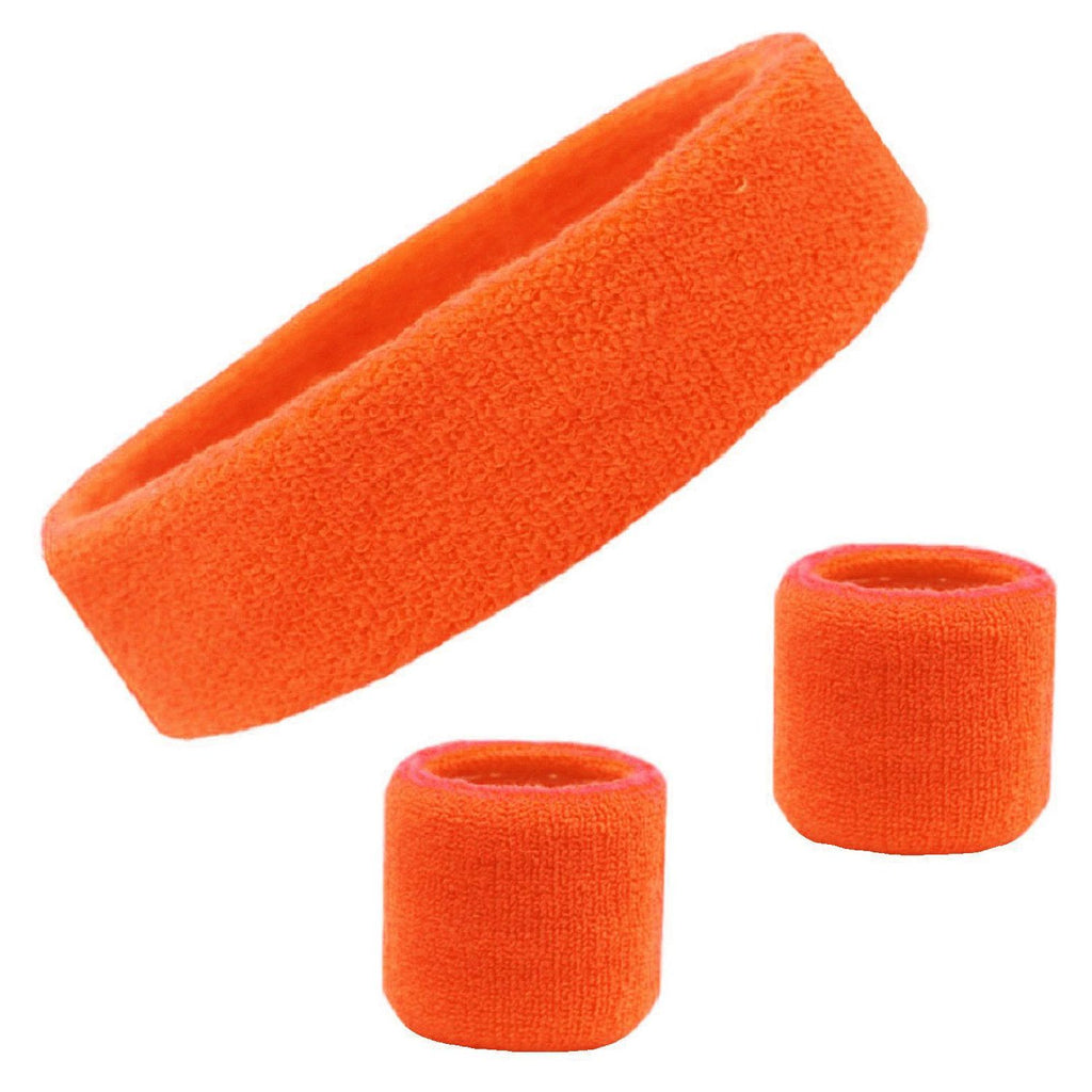 Sweatband Set 1 Terry Cotton Headband and 2 Wristbands Pack Orange