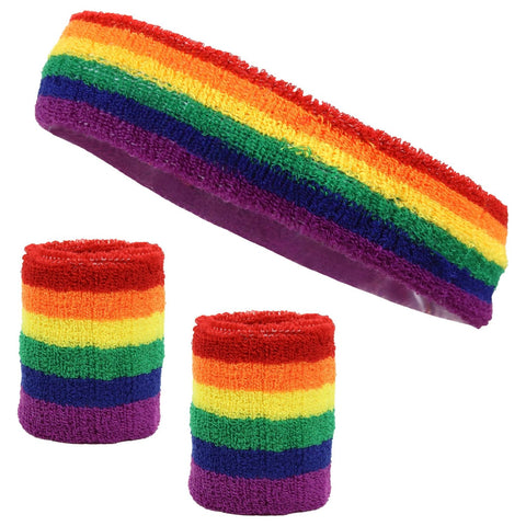 Sweatband Set 1 Terry Cotton Headband and 2 Wristbands Pack Rainbow