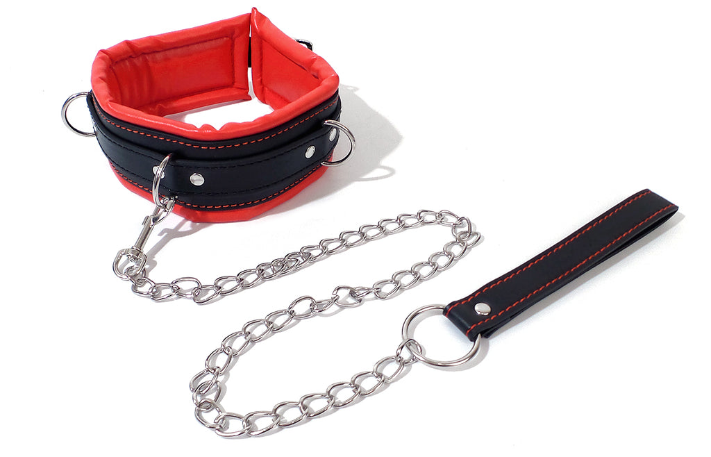 Red Black Lockable Bondage Collar With Leash