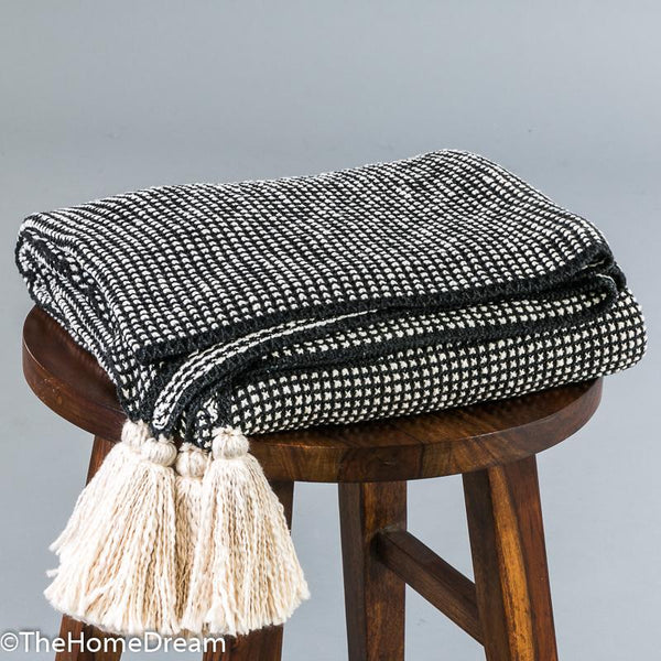 Marlene Light Grey Mini-Check Cotton Knitted Throw with Tassels 