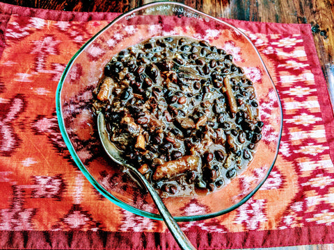 Annieglass Salt bowl with black bean soup