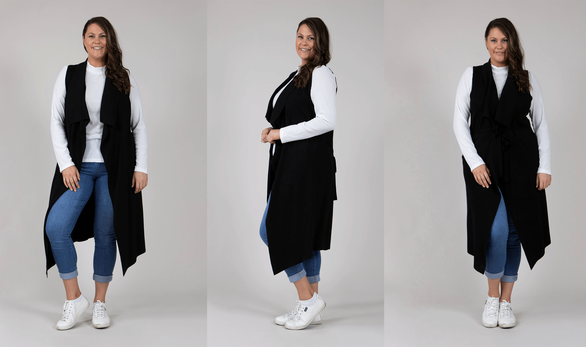 Curves Capsule Collection Autumn 2019 - Sleeveless Long Waterfall Cardigan | Femme Connection