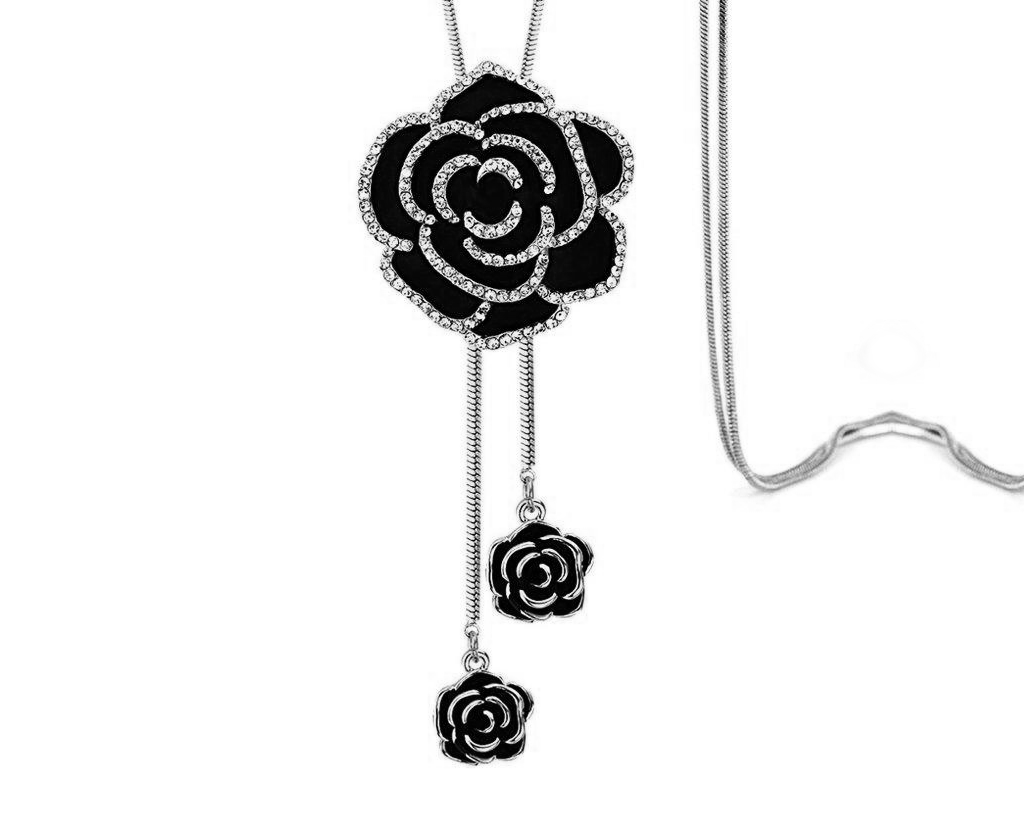 Dazzling Black Rose Long Chain Necklace 