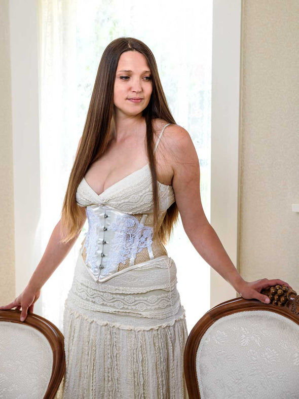 Limited Edition Ivory Satin & Lace Over Mesh Hourglass Curve Waspie Underbust Corset : CS-201