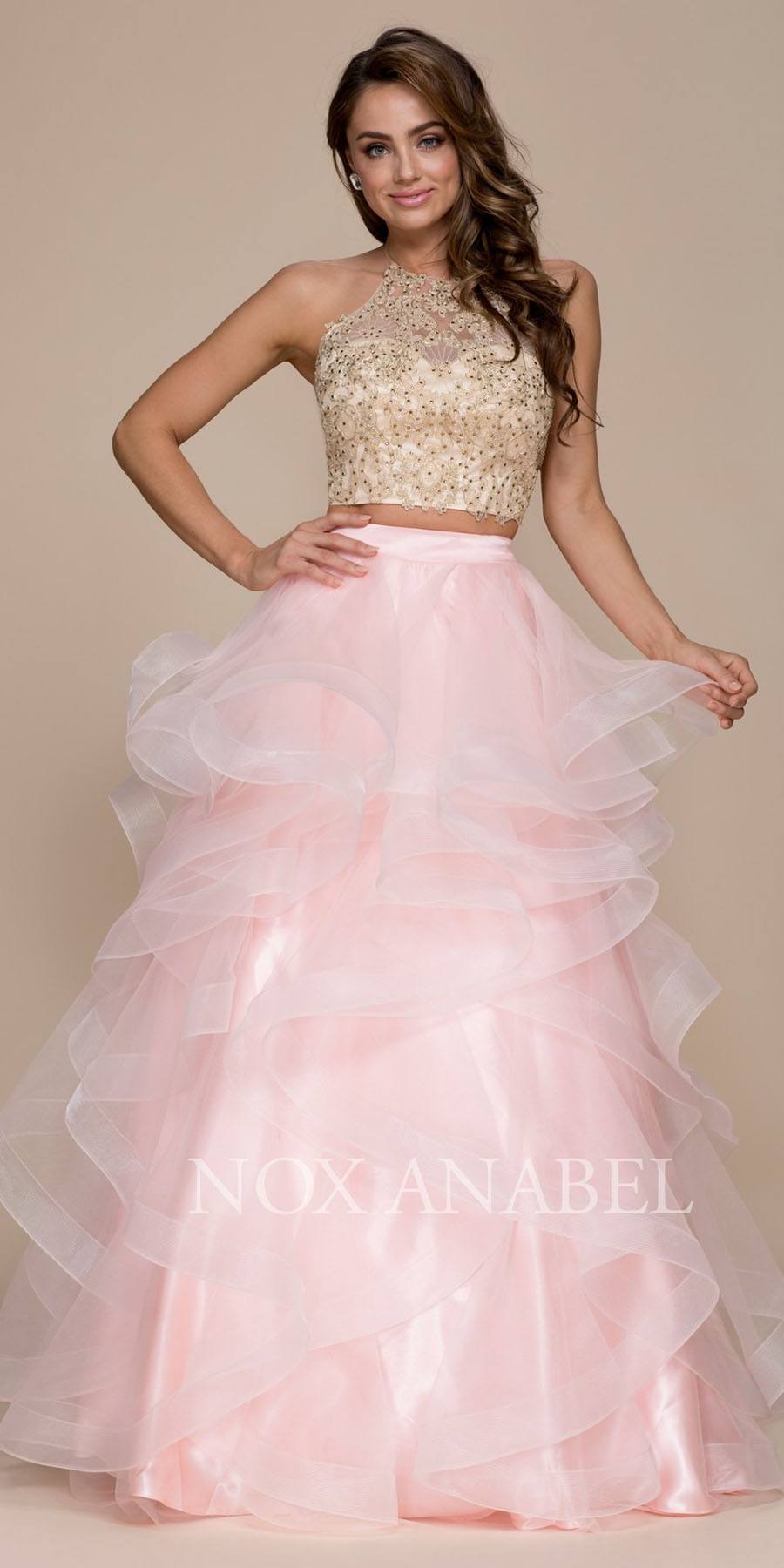 gold 2 piece prom dress