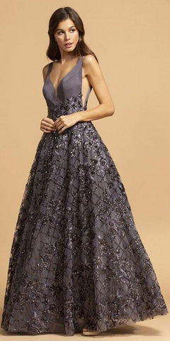 A-Line Ball Gown Long Burgundy V Neckline Side Insets Open Back