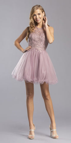 Tanzanite Blue Halter Two-Piece Homecoming Dress Sheer Beaded Back