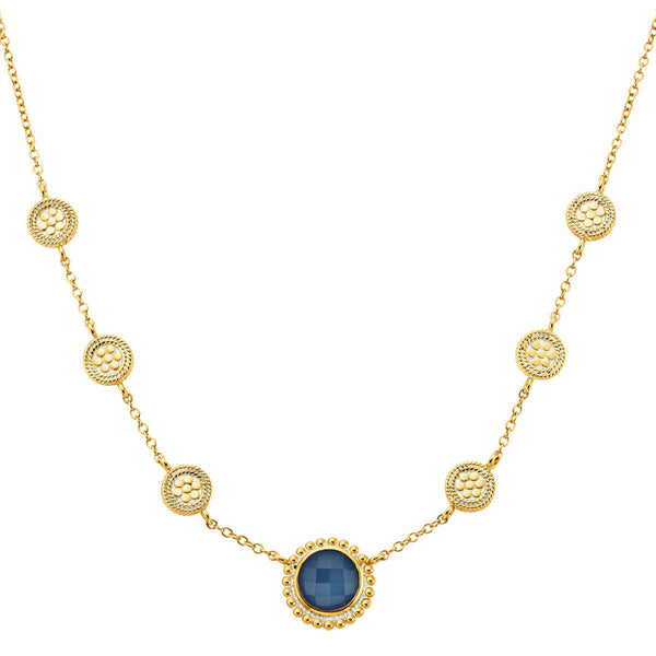 Blue Quartz Multi-Disc Station Necklace 16-18" (Double-Sided) - Gold