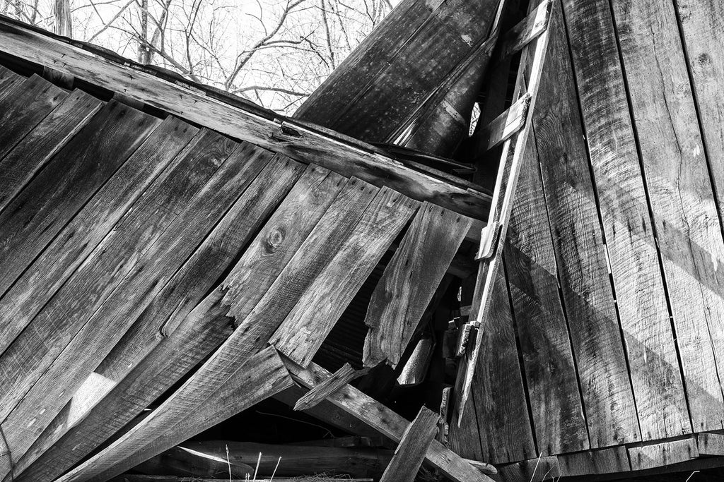 Collapsed Wooden Hay Barn. Black and white photograph by Keith Dotson. Click to buy a fine art print.