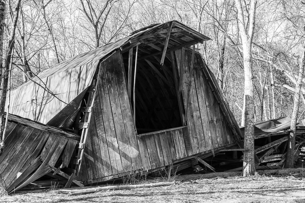 Collapsed Wooden Barn. Black and white photograph by Keith Dotson. Click to buy a fine art print of this photograph.