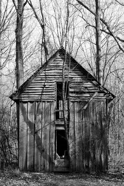 Abandoned Two-Story Farm House in the Woods - Black and White Photograph by Keith Dotson