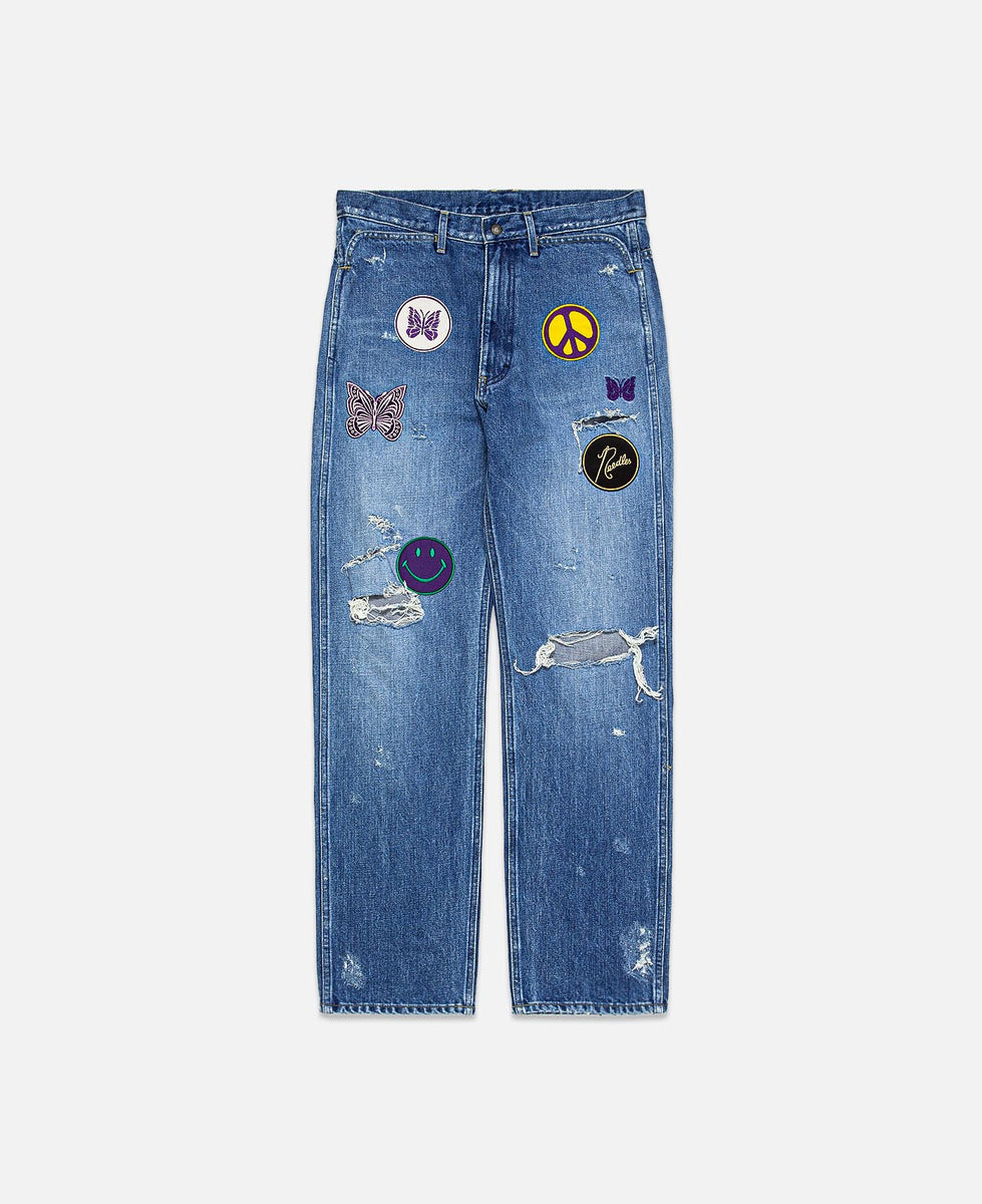 Assorted Patches Straight Jeans - 13oz C/L Denim / Distressed (Blue)