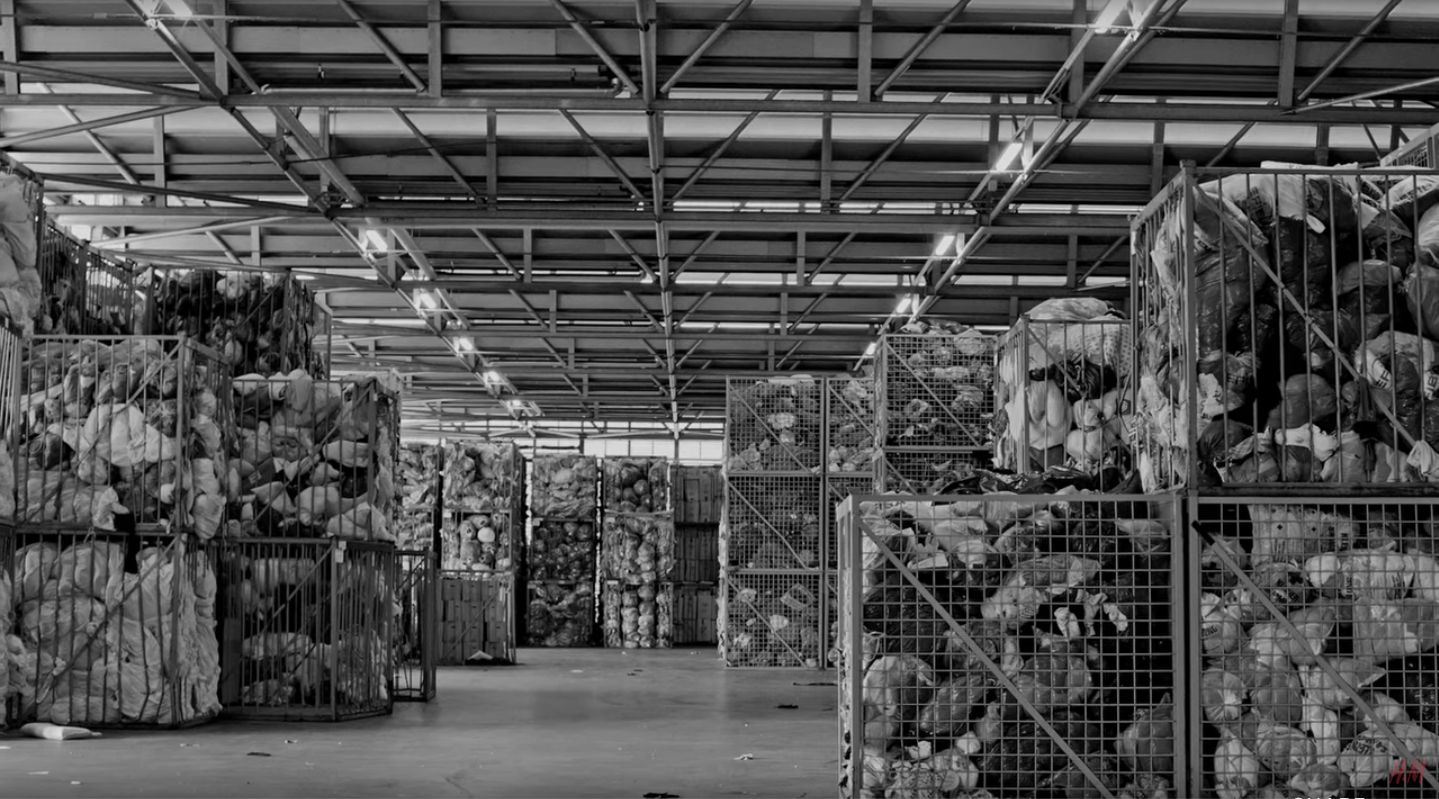 H&M recycled clothing in warehouse