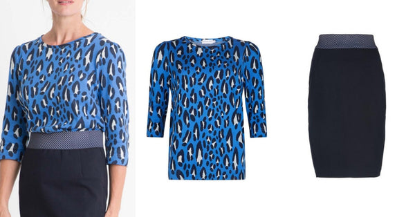 herfst look 3: blauwe panterprint top met kokerrok