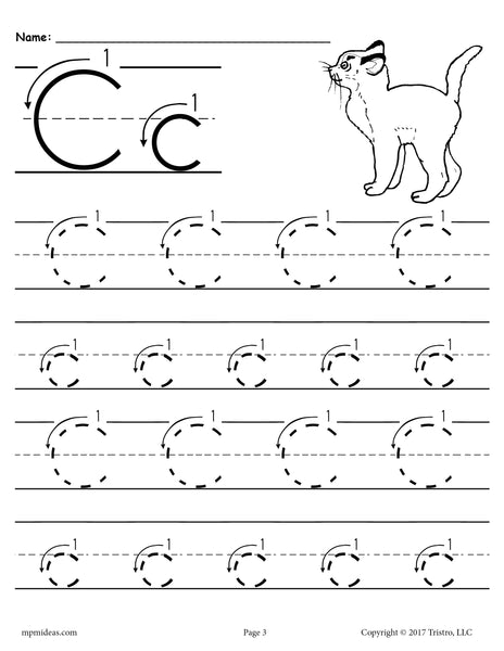 Printable Letter C Tracing Worksheet With Number and Arrow Guides