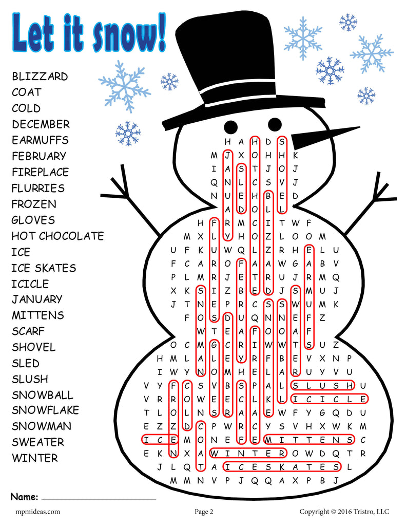 Winter Word Search Answer Key