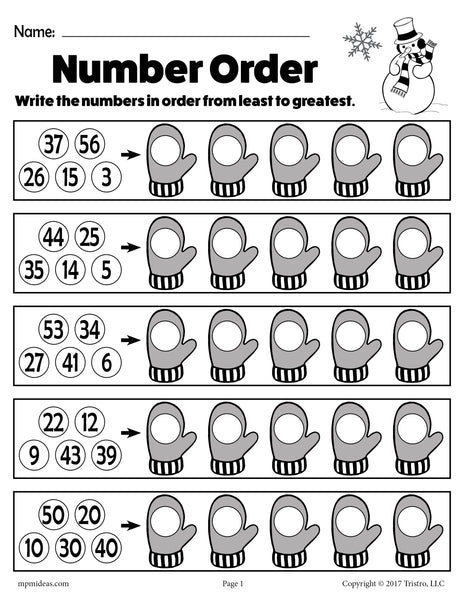 FREE Printable Winter Themed Number Order Worksheets 2 Versions 