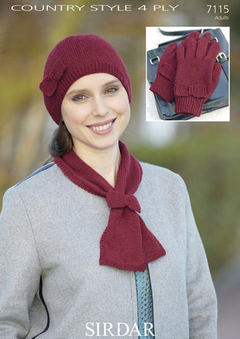 Womens Hat, Scarf and Gloves Accessories Set With Bow Detail in Sirdar Country Style 4 Ply (7115)