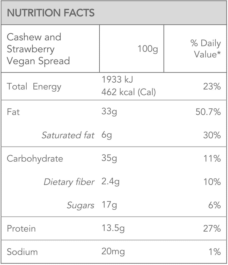 Cashew and Strawberry Vegan Spread Nutritional Facts