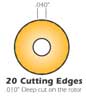 To achieve 20 cutting edges on your round cutting tip, take a .010" deep cut.