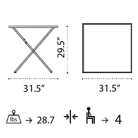 Ethimo square folding outdoor Bistro dining table technical diagram