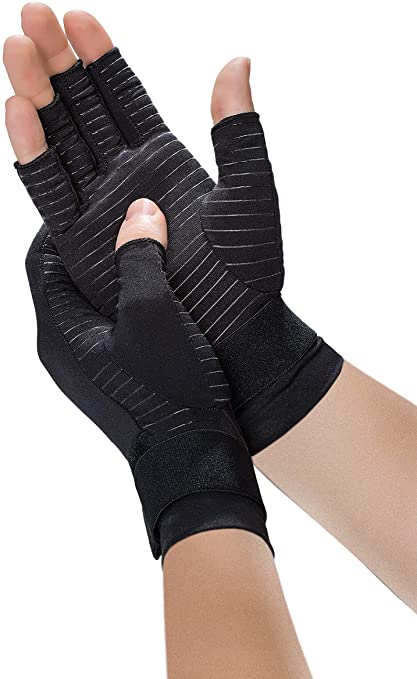 hand wearing black gloves massaging center of palm