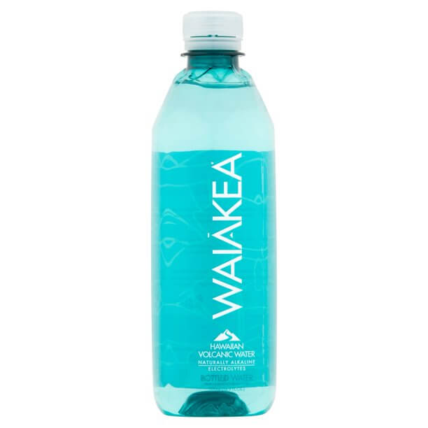 WAIĀKEA Hawaiian Volcanic Water turquoise colored bottle white cap and background 