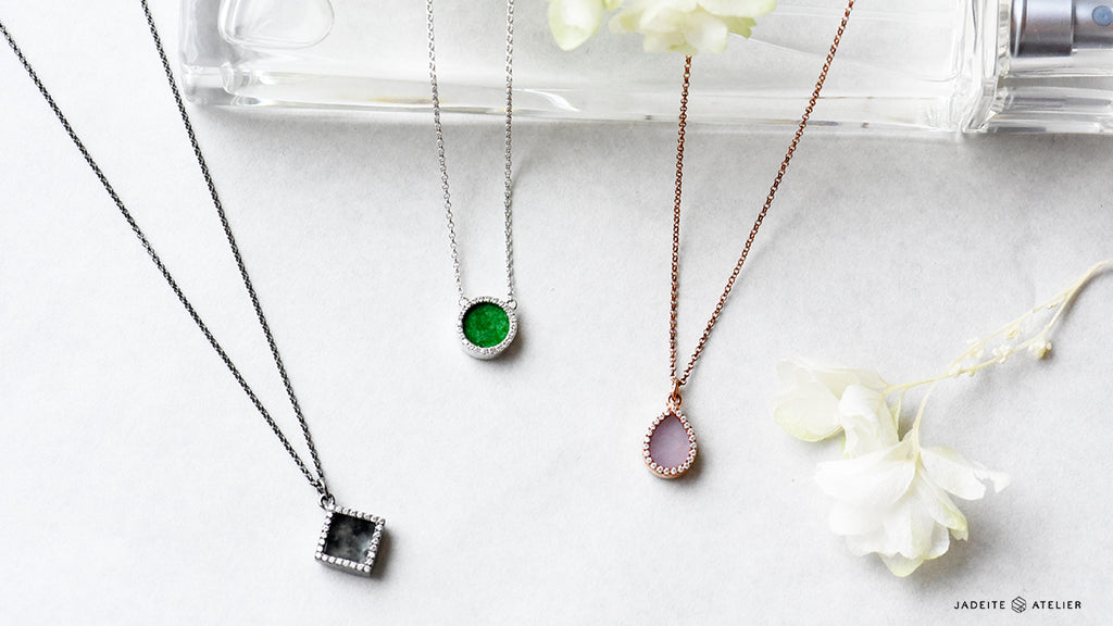 Green, lavender and black jade necklace in modern minimal style