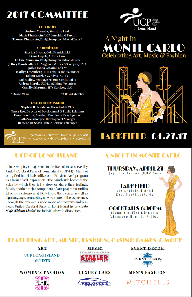 Stephanie Occhipinti Design will be featured as exclusive auction items at UCP of Long Island’s “A Night in Monte Carlo: Celebrating Art, Music & Fashion” on Thursday, April 27, 2017 at the Larkfield