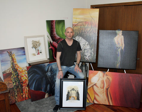Neil with his Canvas Prints and Original Watercolour artwork