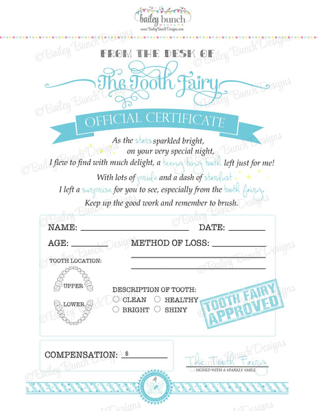 Tooth Fairy Certificate Blue Instant Download Idtoothblue0520