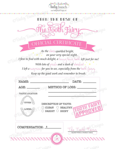 Tooth Fairy Certificate Pink Instant Download Idtoothpink0520