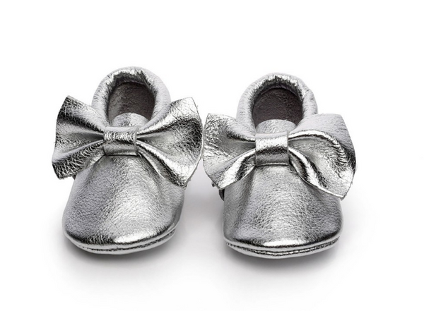 Baby Moccasins - Silver Leather with 