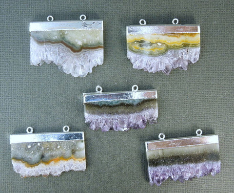 Agate Druzy Slice - Electroplated Silver Edged Agate Slice Drusy Pendant - Drussy crystal NEW DOUBLE BAiL