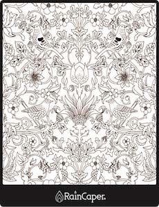 RainCaper Vintage Birds design rendered in black & white as a page in an adult coloring book