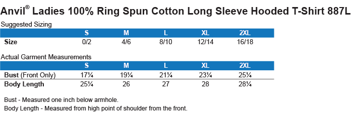 Size Chart: Women's Lightweight Hoodie T-Shirt